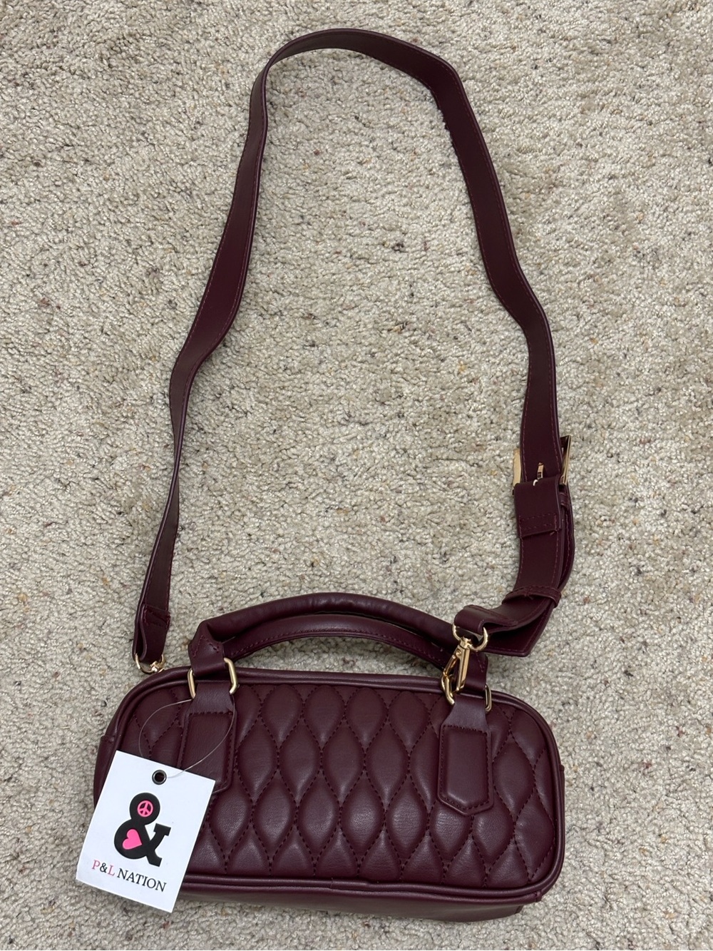 P&L Nation Quilted Burgundy Crossbody Bag with Gold Hardware